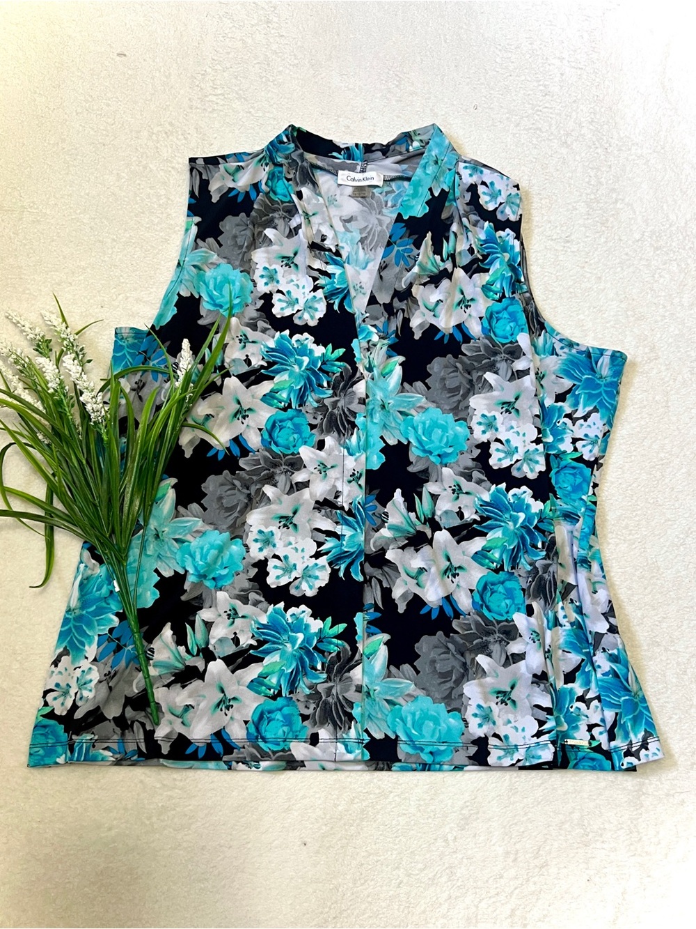 Calvin Klein Aqua Floral Sleeveless Blouse Tank Top - 1X